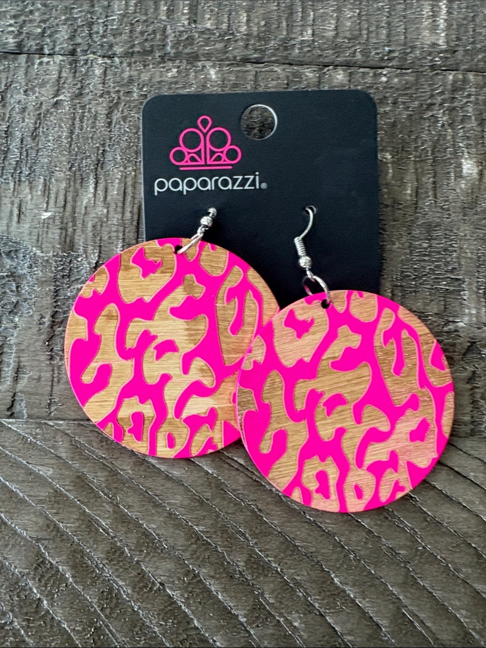 paparazzi Neon Pink Leopard Wood Circle Earrings